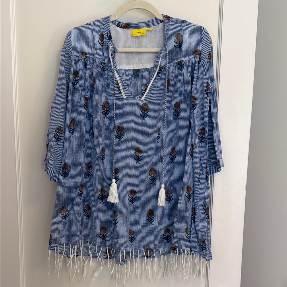 Roberta Roller Rabbit Blue Tie Front Tunic with 3/4 Sleeves